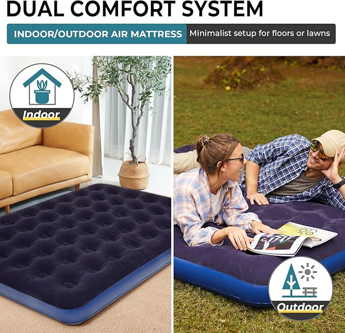 FUNDANGO Queen Camping Cot, 2 Person Folding Airbed Mattress, Double Camp Bed with 2 Cup Holders, Removeable Cover for Adults Outdoor Travel,Carry Bag Included (Grey)