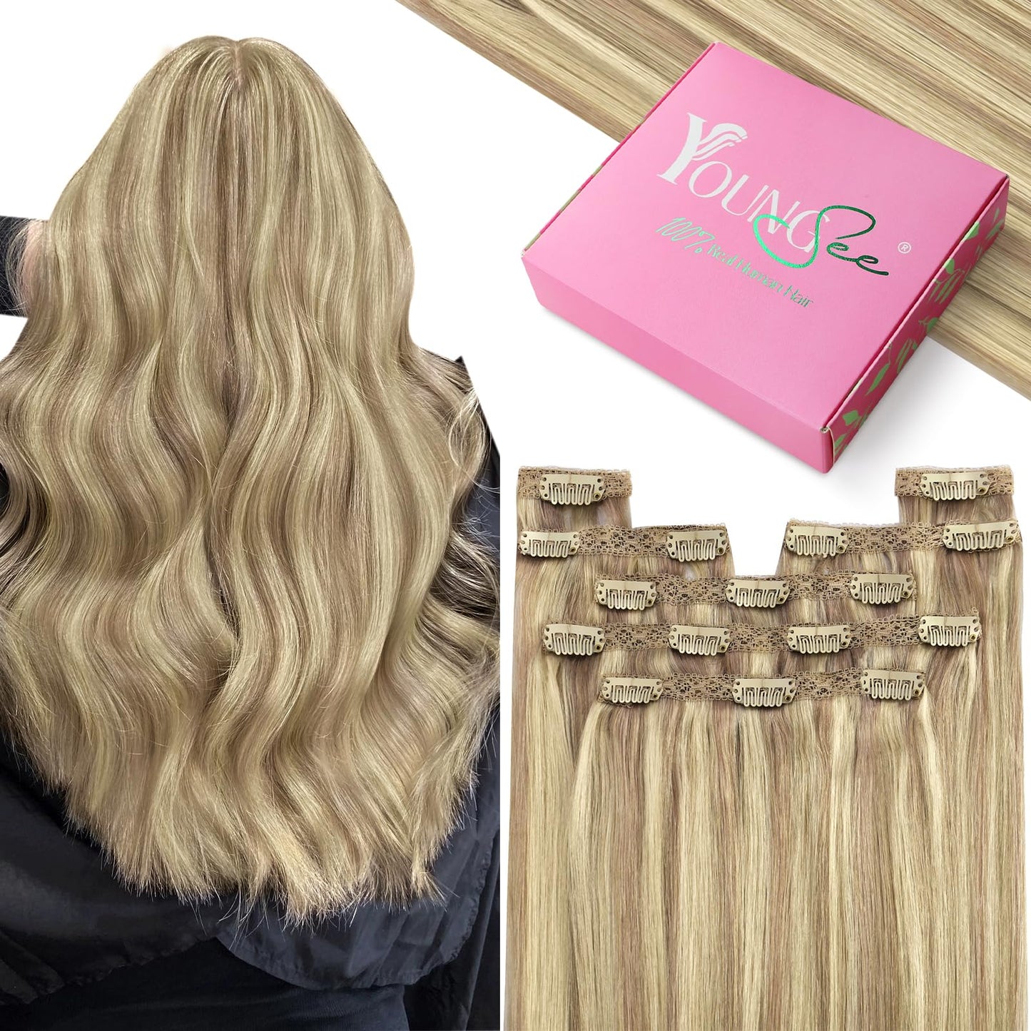 YoungSee Clip in Hair Extensions Blonde Highlight Remy Human Hair Clip in Extensions Warm Ash Blonde Highlights Bleach Blonde Cl