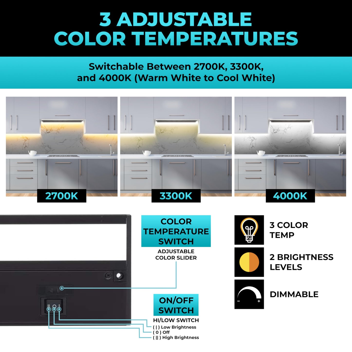 Led Under Cabinet Lighting Hardwired - Linkable Undercabinet Lights For Kitchen - 3Cct 9 Inch Black Finish - Undercounter Dimmable Plug In Light Or Hard Wired - Under Counter Fixture Direct Wire