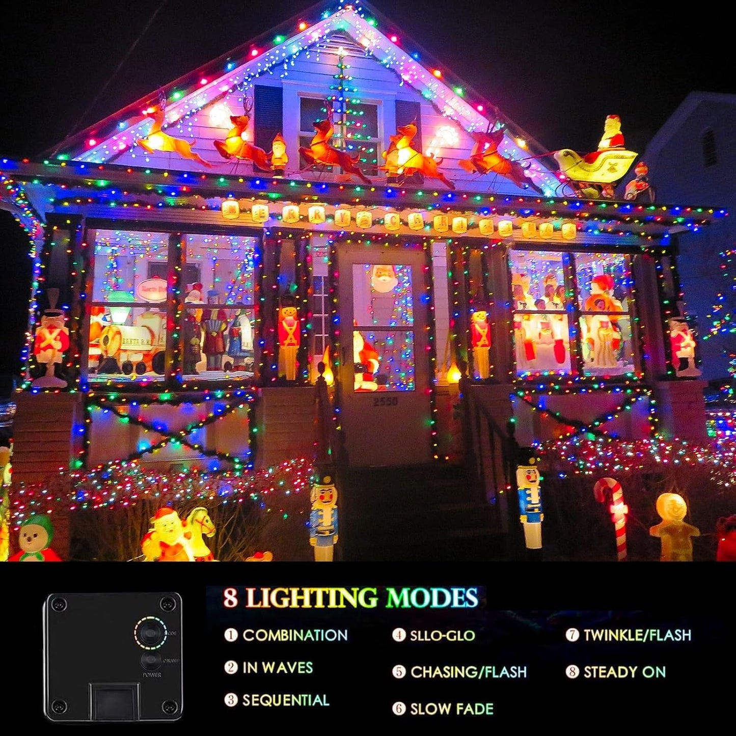 SANJICHA Solar String Lights, 320 LED, 8 Lighting Modes, 180FT, 4 Pack, Waterproof, Multicolor, Green Wire