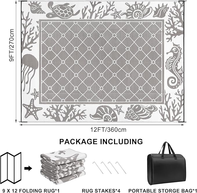 Vaukki Reversible Rugs, Plastic Straw Outdoor Doormat, Fade Resistant Plastic Outdoor Patio Mat, Lightweight Ocean Area Carpet for Patio, RV, Camping, Beach, Deck, Backyard and Picnic (Grey, 9'x12')