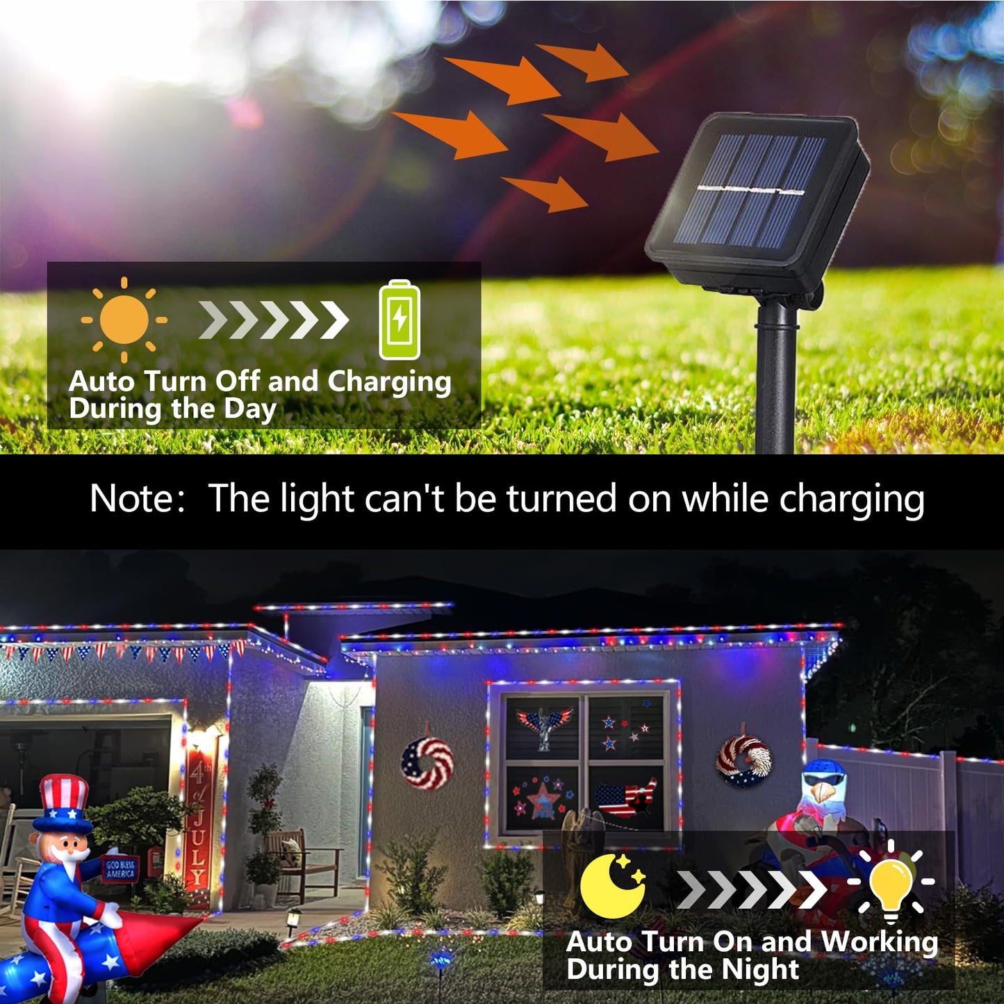 YEGUO Solar Rope Light, 200 LED, 66ft, 8 Modes, Red White Blue, 4th of July Decorations