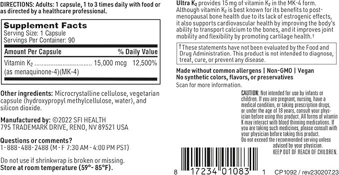 Klaire Labs Ultra K2 Menaquinone - 4 - Vitamin K2 Supplement with 15mg of Vitamin K2 MK4 per Capsule - Support Bone & Cardiovascular Health - Hypoallergenic & Vegan Vitamin K (90 Capsules)