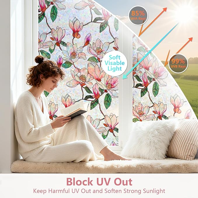 Kromapolis Window Privacy Film, Stained Glass Sticker Floral Window Clings, Decorative Static Clings UV Blocking Colorful Decals, Removable Vinyl Covering Rainbow Magnolia Flowers, 17.5'' x 157.4''