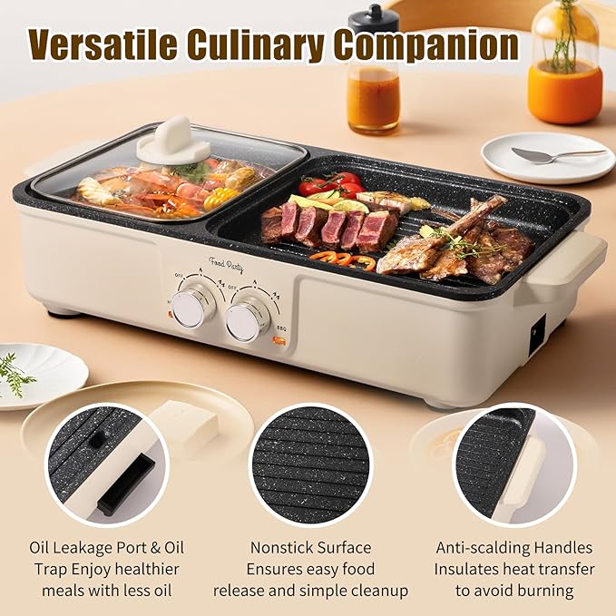 Food Party Hot Pot Electric Grill 2 in 1 Korean BBQ Grill Indoor Smokeless Hotpot Pot Electric Cooker Sahabu Shabu Pot Non Stick (Large)