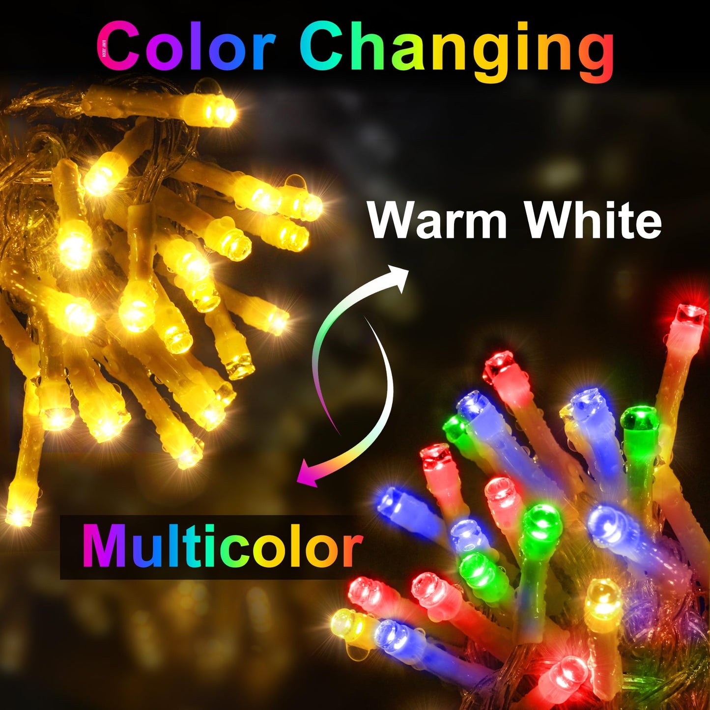 KNONEW Outdoor Color Changing LED Curtain Lights, 400 LED, 33ft, Warm White to Multicolor, 11 Modes, Clear Wire, Model BG-CL3M3-306L