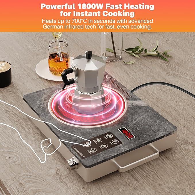 1800W Single Burner Electric Stove Top, Portable Infrared Electric Cooktop with Marble Glass, 110V Ceramic Hot Plate, Countertop Burner with Timer & Knob Control, 18 Levels Power Settings