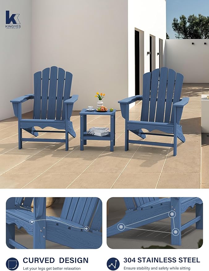KINGYES HDPE Adirondack Chair, Classic All-Weather Adirondack Chairs Set of 2, Outdoor Patio Adirondack Chair for Deck Lawn fire Pit, Navy