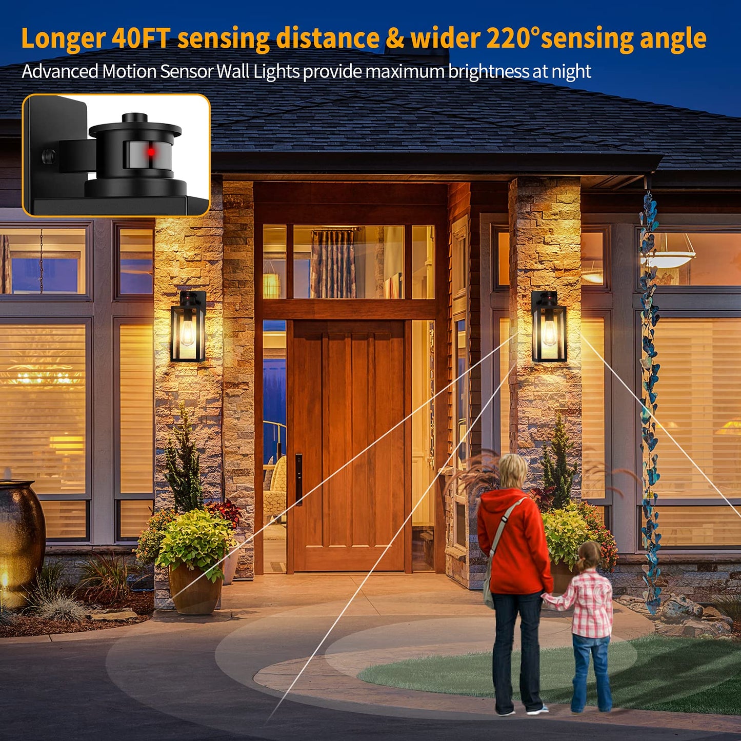 TOBUSA 2-Pack Motion Sensor Outdoor Lights, Black Metal Wall Mount Fixtures, 13.25 Inch, Model B05023CPG