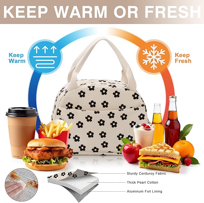 Lunch Bag - Insulated Lunch Box for Women, Reusable Large Capacity Cooler Bag for Adult, Small Leakproof Cute Corduroy Lunch Tote for Work Office Travel Picnic (Corduroy Black-Flower)
