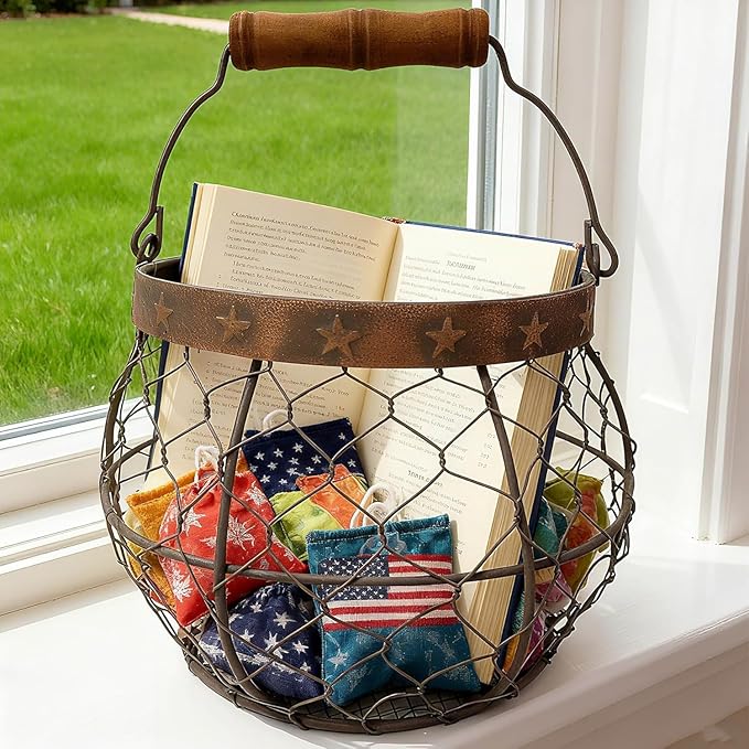 TAIANLE. Wire Egg Basket for Gathering Fresh Eggs with Handle, Metal Chicken Egg Collecting Basket for Coop, Rustic Farmhouse Kitchen Countertop Storage Basket Farmhouse Holder Organizer Easter
