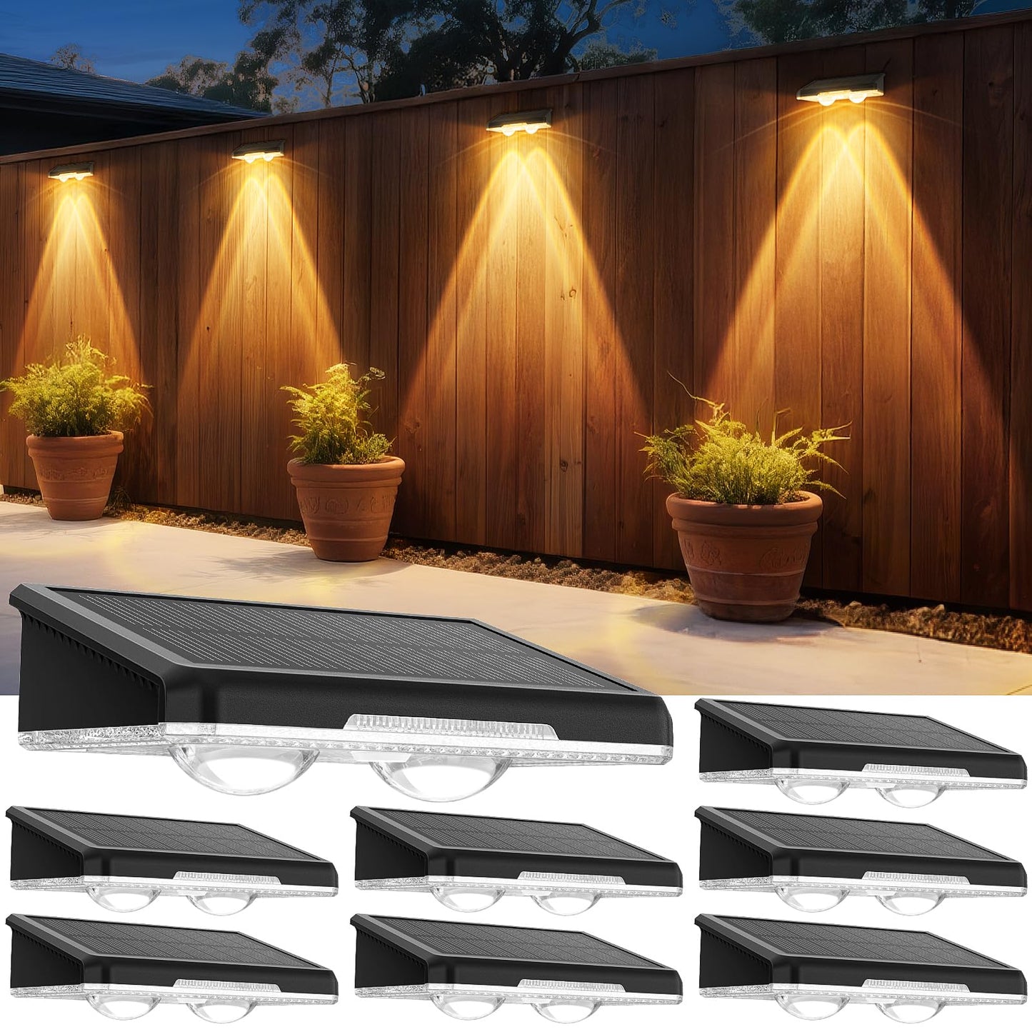 Apilab Solar Fence Lights Outdoor 8 Pack - 3 Modes (Warm/Neutral/Cool White)  Fence Lights Solar Powered For Outside  Ip65 Waterproof  Deck Lighting For Wall  Step  Patio  Pathway  Stairs