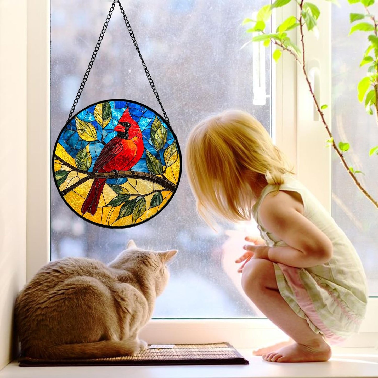 Stained Glass Window Hanging, Blue Sky Cardinal Sun Catchers Colorful Glass Panel Red Birds Suncatcher Decor for Birthday for Women, Men, Wife, Aunt, and Mom 9.8 in