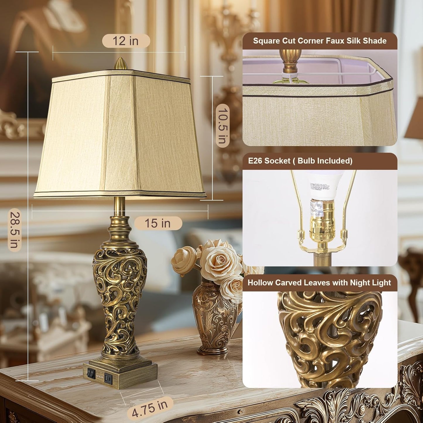 28.5'' Table Lamps Set of 2 for Living Room, Vintage Bedside Lamps with USB A+C Ports & Nightlight, Farmhouse Nightstand Lamps with Faux Silk Shade for Bedroom, Study Room, Office (LED Bulbs Included)