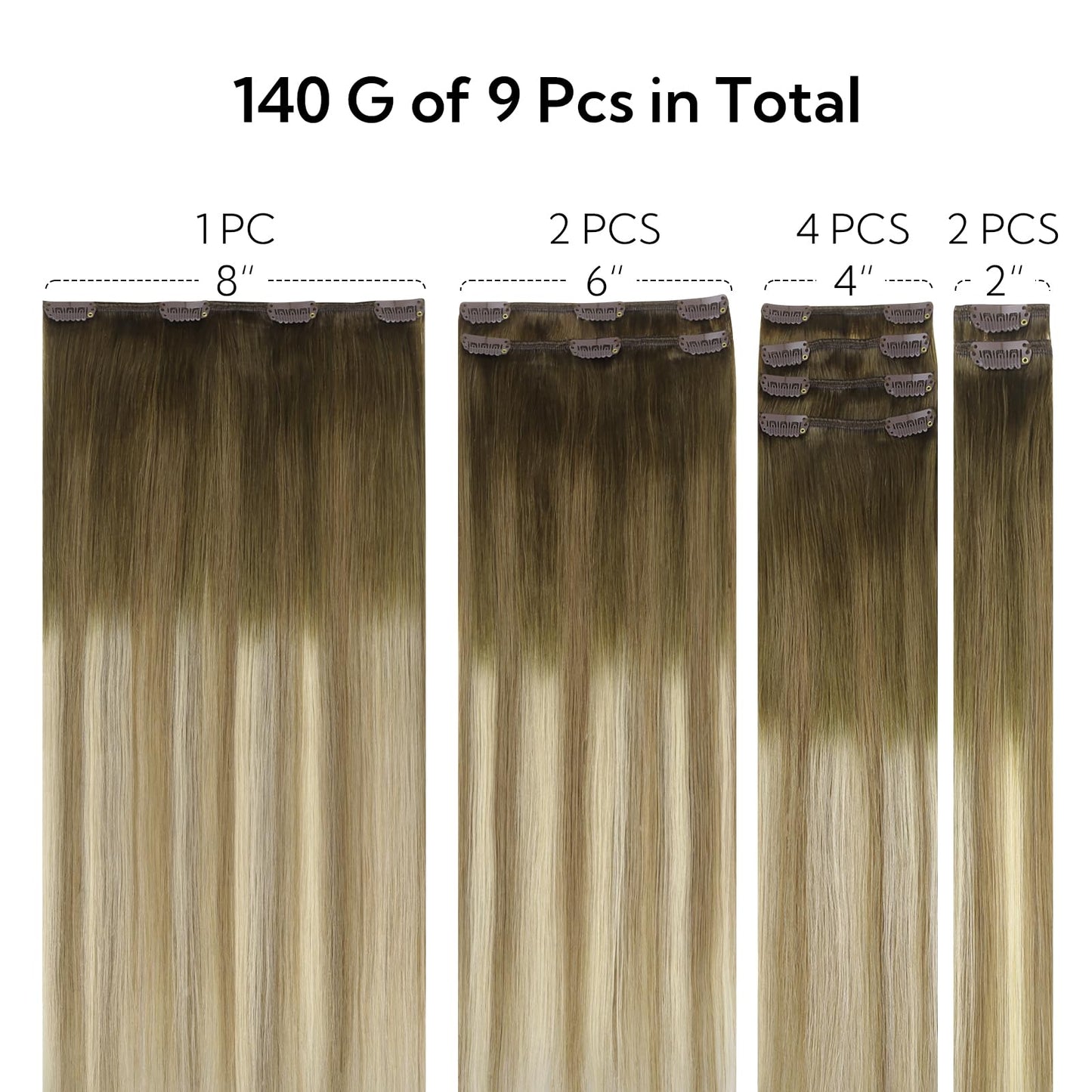 HOTBANANA Clip in Hair Extensions Real Human Hair, 135g 9pcs 14 inch Walnut Brown to Ash Brown and Bleach Blonde Straight Remy C