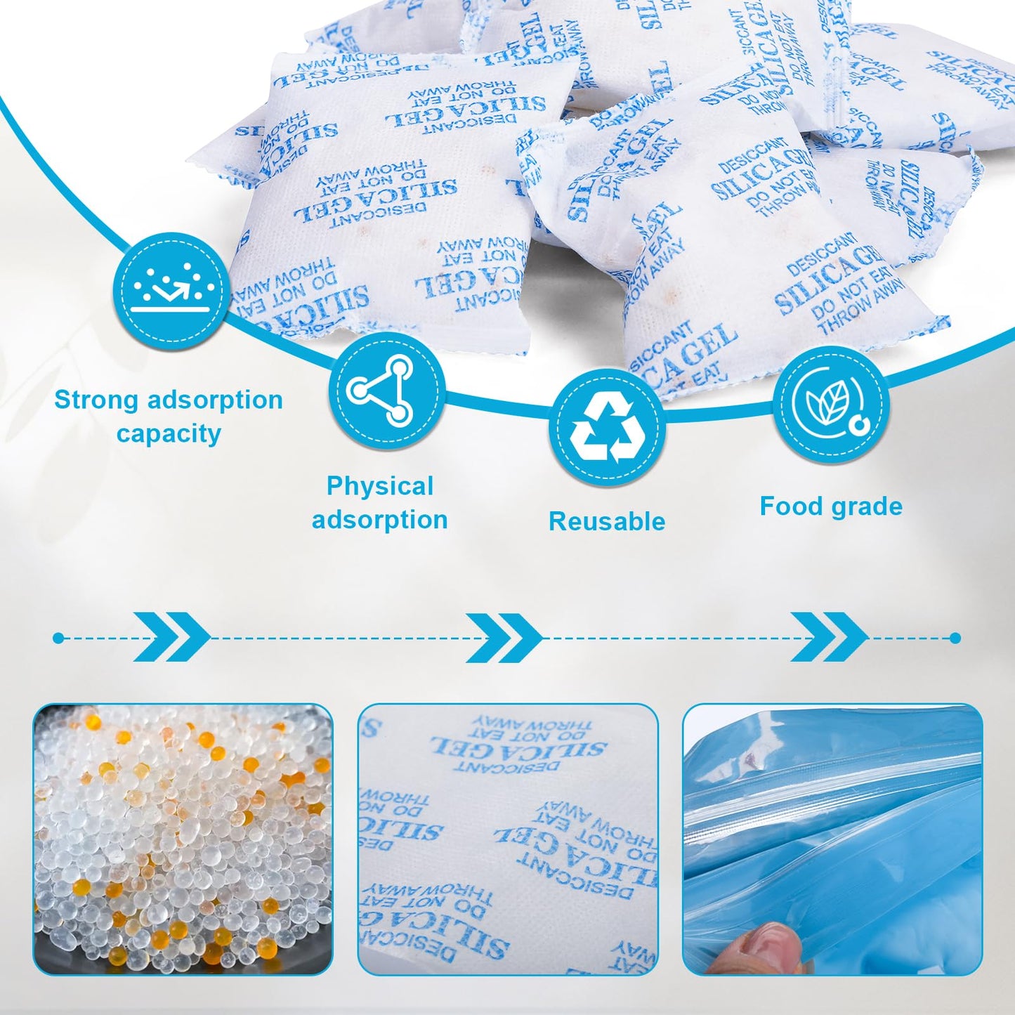 VOISEN 50 Gram 50 Pcs Color-Indicating Silica Gel Packets, Premium Food Grade Desiccant, Transparent Desiccant, Desiccant Packets for Storage, Premium Desiccant Packs for Food, Electronics, Closet