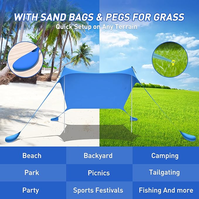 Beach Tent Pop Up Shade Canopy Sun Shelter UPF50+ with 2 Stability Poles/Carry Bag/Ground Pegs/Sand Shovel/Windproof Ropes Portable Outdoor Family Sunshade for Beach Camping(Navy Blue,10×10FT)
