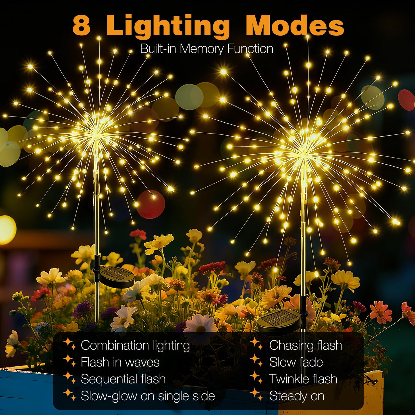 btfarm 4 Pack 120 LED Solar Garden Lights Outdoor, 8 Modes Firework Lights Solar Powered, Waterproof Twinkle Fairy Light Outside for Yard Patio Pathway Pool Christmas Party Decorative, Warm White