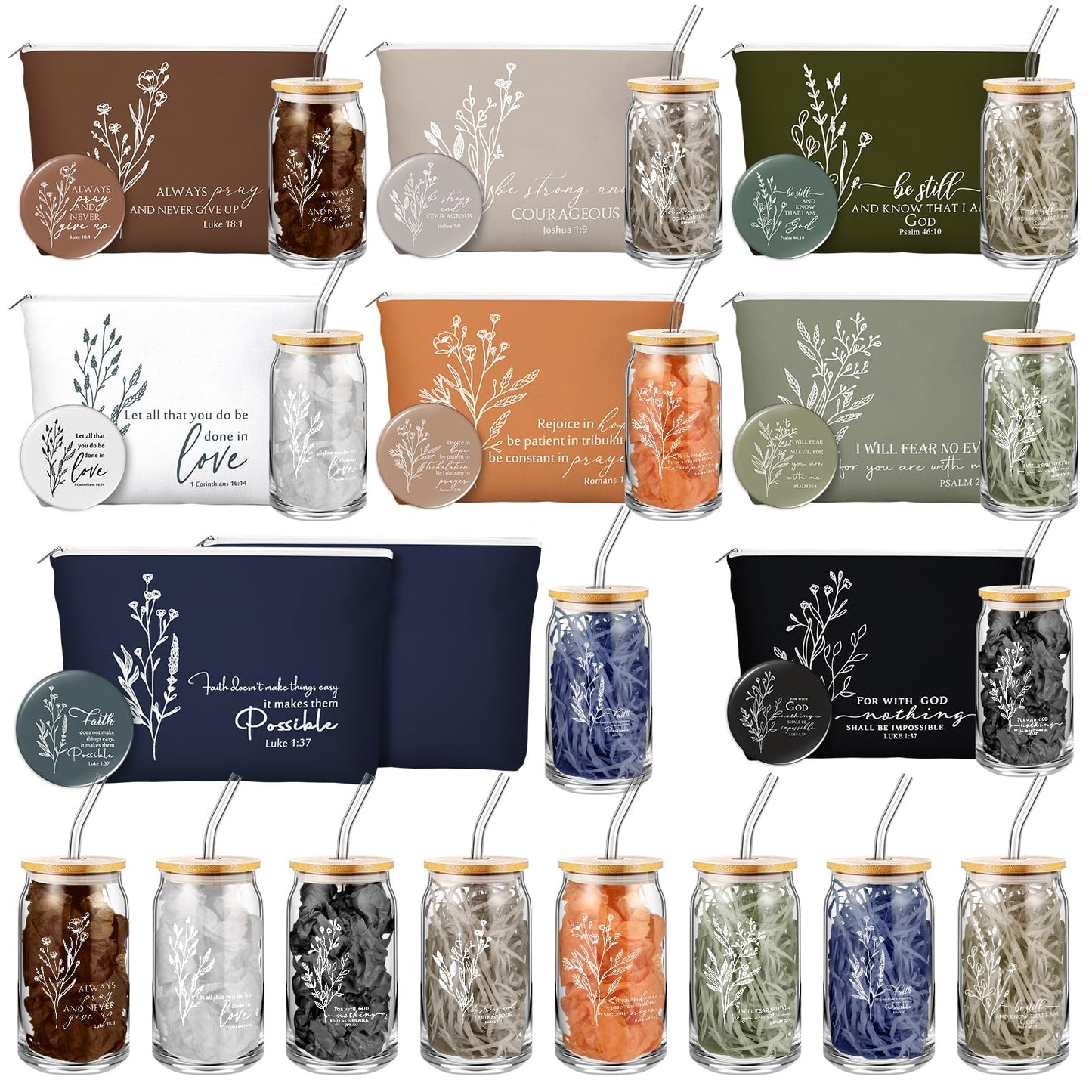 Fumete Christian Gift for Women Sunday School Teacher Grandparents Flower Makeup Bag Bible Verse Glass Coffee Cup with Bamboo Li