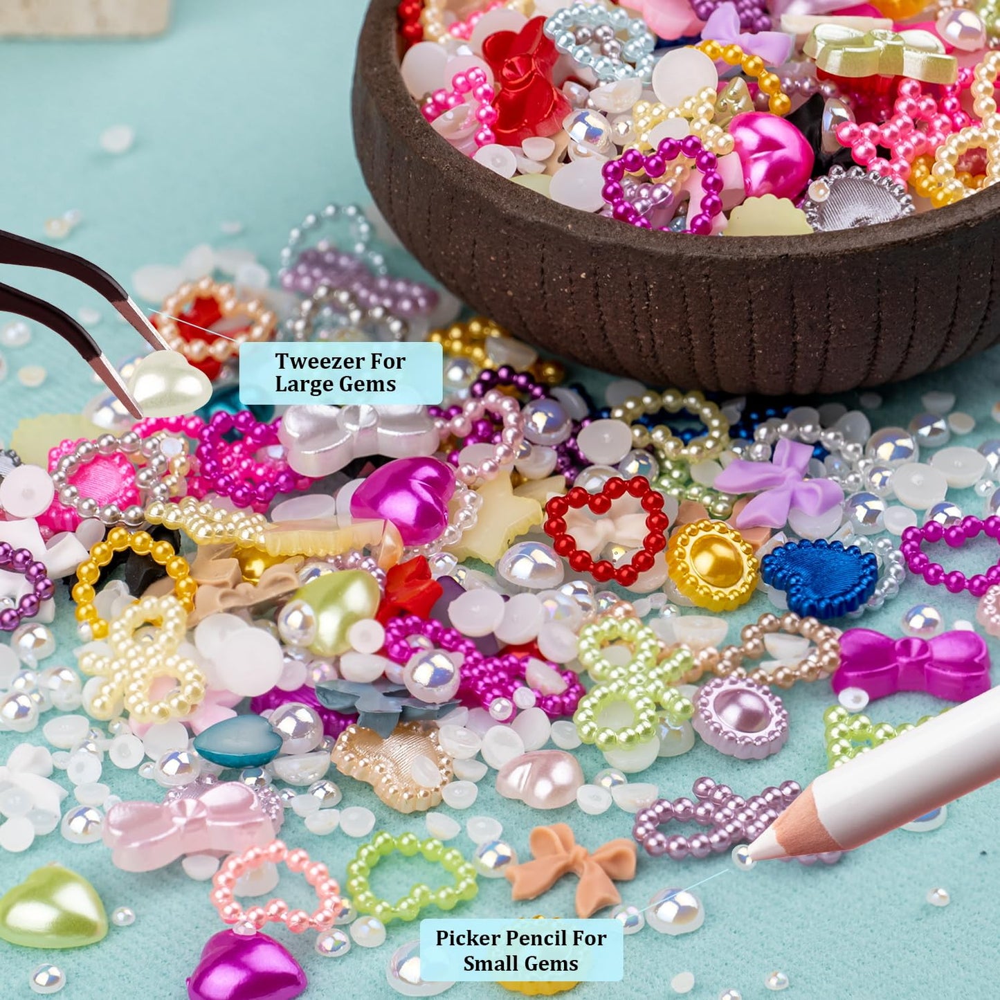 600Pcs 3D Multi Shapes Nail Charms and Flatback Pearls, Colorful&White Mix Styles Heart Star Bow Sunflower Embellishments for Na