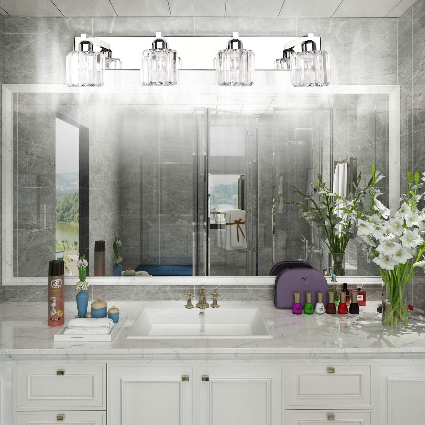 Aipsun Crystal Bathroom Vanity Light, 32 Chrome, Stainless Steel & K9 Crystal, Model 8460, 4 Lights (Bulbs Not Included)