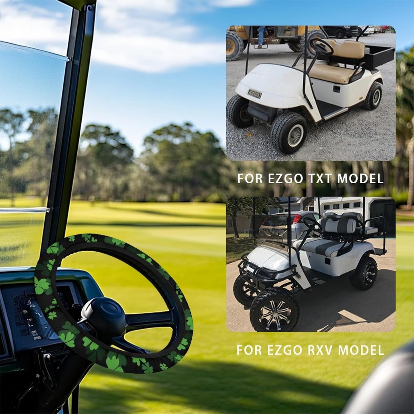 St. Patrick's Day Golf Cart Steering Wheel Protector Cover Green Leaves Golf Cart Steering Wheel Covers Fit 13-14 Inch Car Steering Wheel Covers for Club Car Decor