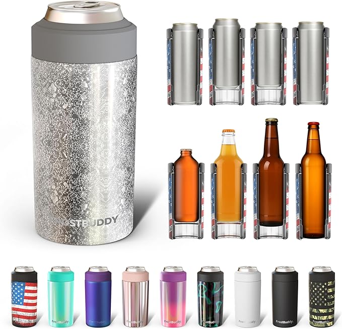 Frost Buddy Universal Can Cooler - Fits all - Stainless Steel Can Cooler for 12 oz & 16 oz Regular or Slim Cans & Bottles - Stainless Steel (Silver Sleigh)