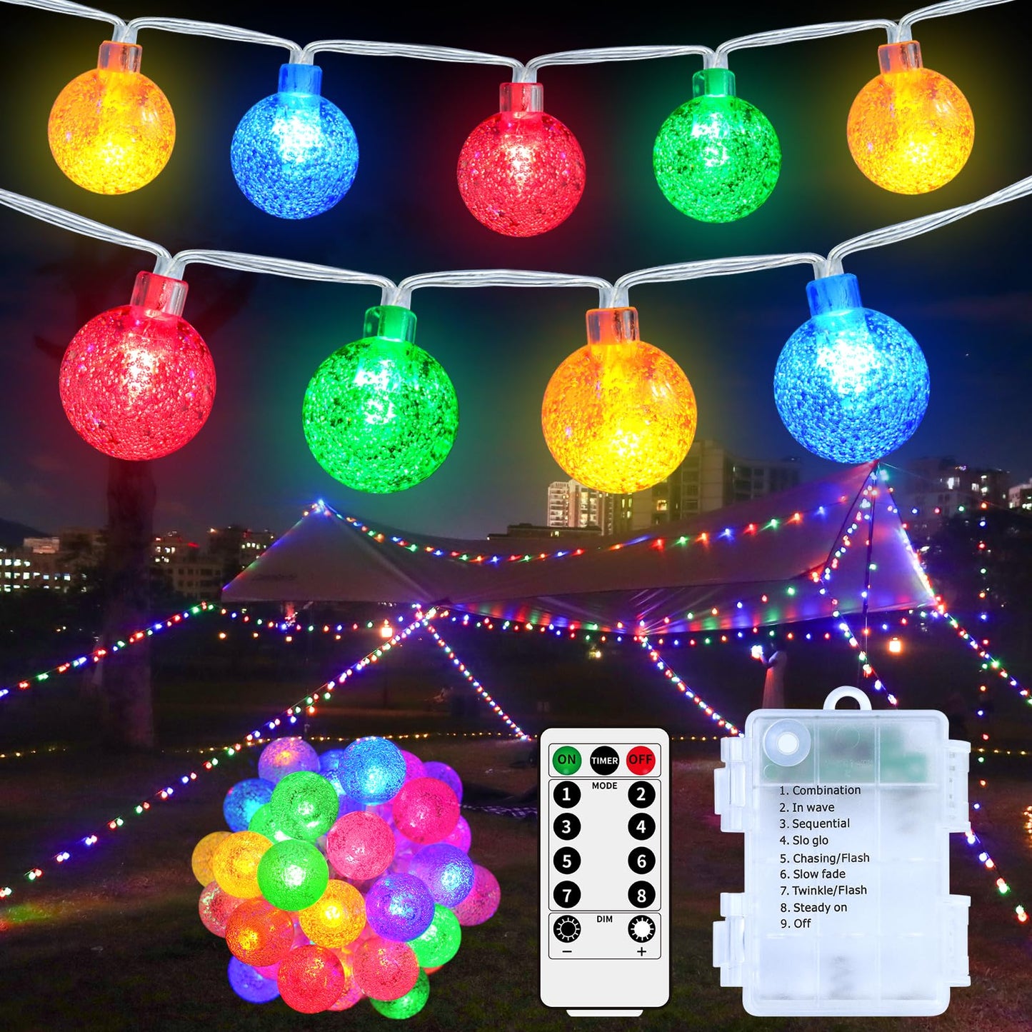 Ryblgled Battery Color Changing String Lights, 33Ft 100 LED, Remote, 8 Modes, Waterproof, Multi-colored