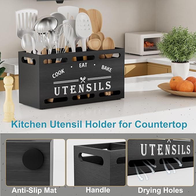 ZUJJAFY Utensil Holder for Kitchen Counter, Large Kitchen Utensil Holder for Countertop with 3 Compartments, Wooden Cooking Utensil Organizer for Spatula Storage, Black