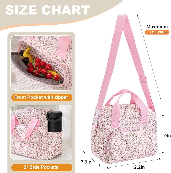 Large Lunch Bag for Women Insulated Lunch Box Reusable Cooler Bag Portable Cute Corduroy Leakproof Tote Bags for Travel, Work, and Picnic, Pink Flower