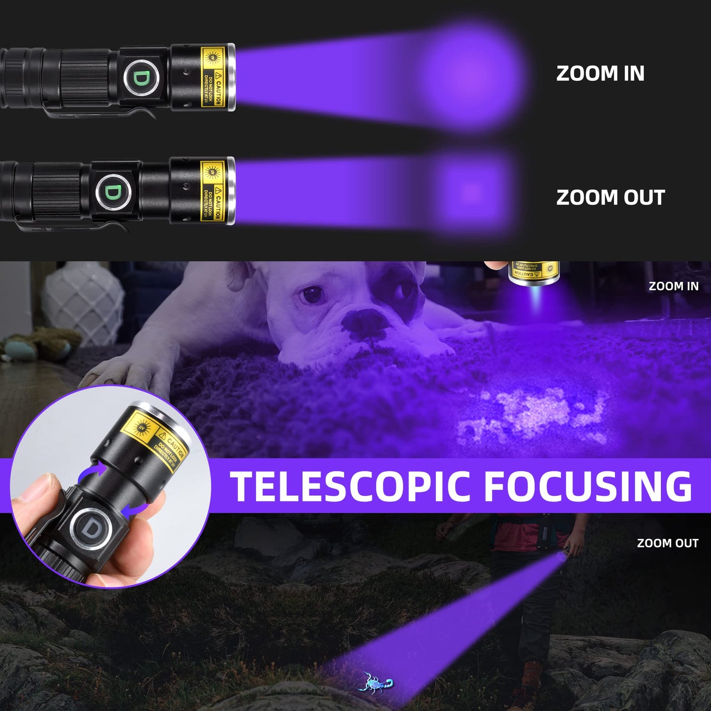 Darkdawn Uv 395Nm Flashlight - Usb Rechargeable Mini Blacklight, Aluminum, D15 Model, Ideal For Cat Urine Detection And Stain Identification