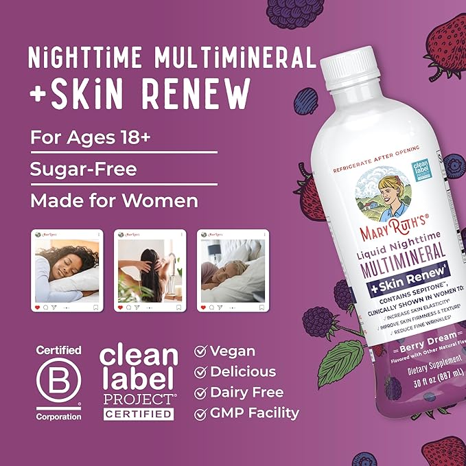 Liquid Nighttime Liquid Multimineral + Skin Renew for Women | Reduce Fine Wrinkles | Improve Skin Firmness | with Sepitone | NO Melatonin | Magnesium | Vegan | Sugar Free | 30 Servings