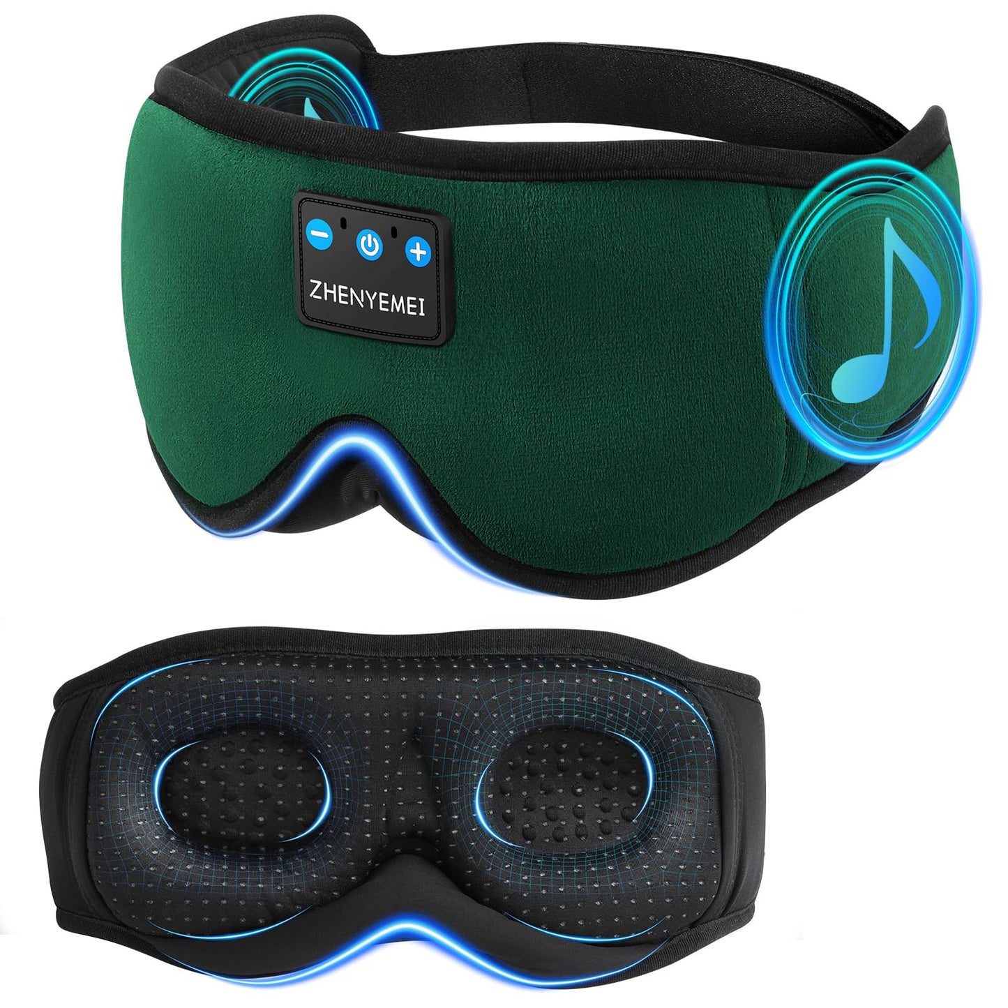 ZHENYEMEI 3D Sleep Mask with Bluetooth Headphones, Sleeping Headphones for Side Sleepers, Wireless Music Eye Mask with Ultra-Thin Stereo Speakers for Men, Women, Tech Gifts, Deep Green
