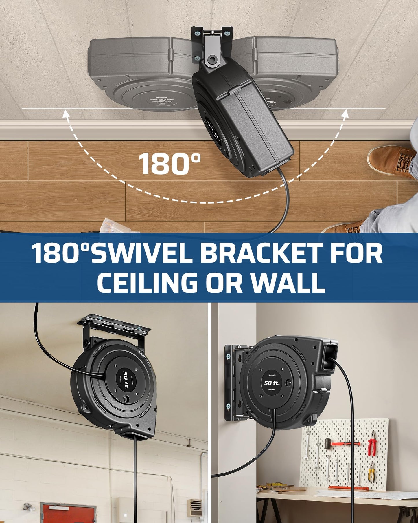 Dewenwils Retractable Extension Cord Reel, 50Ft Heavy Duty Power Cord, 14/3Awg Sjtow, Lighted Triple Tap Outlets, 13 Amp Circuit