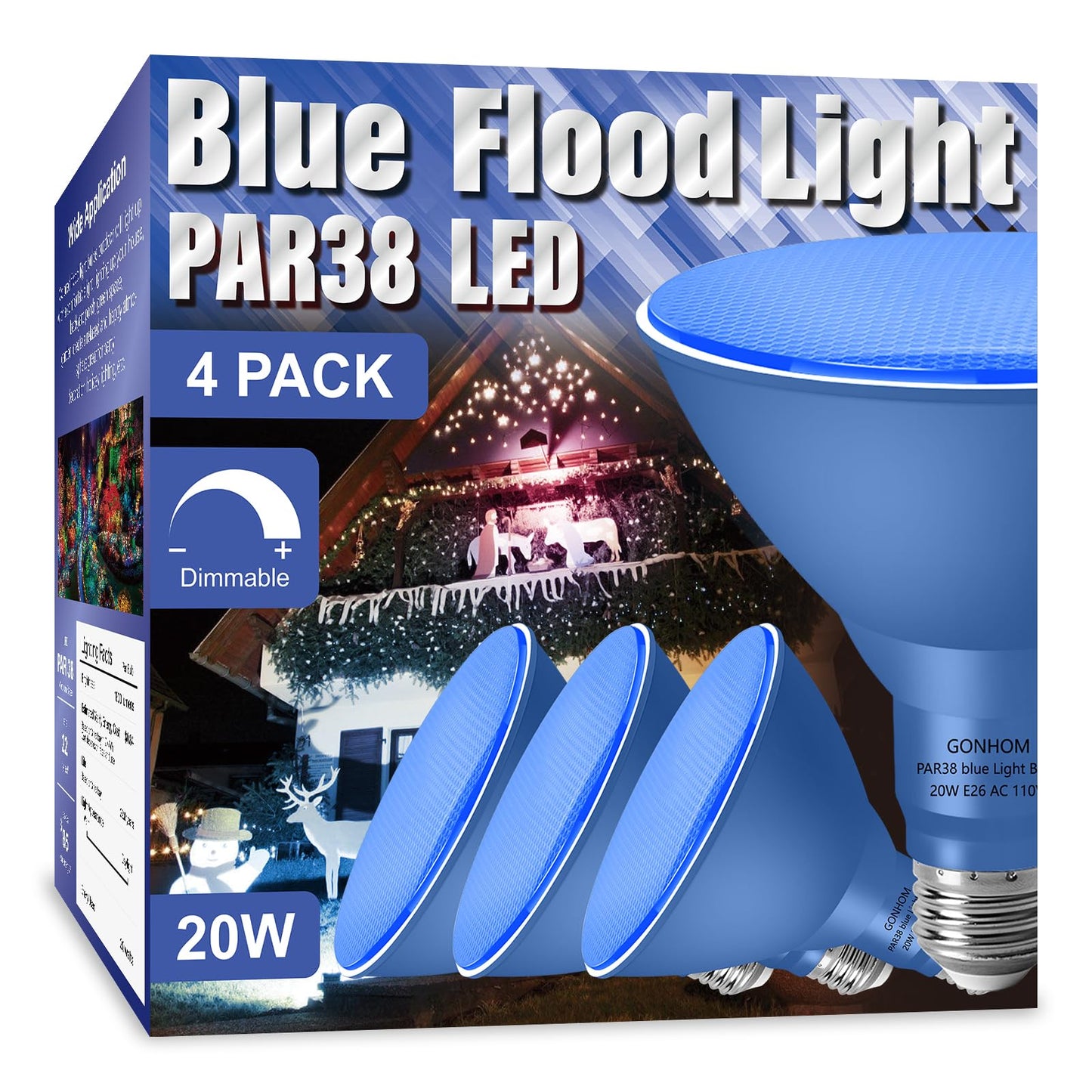 Gonhom Par38 Flood Lights Outdoor Dimmable Led Flood Light Bulbs 20W(Equivalent To 200W) E26 Base Outdoor Porch Holiday Lighting Led Flood Light Bulb For Halloween Christmas 4 Pack Blue