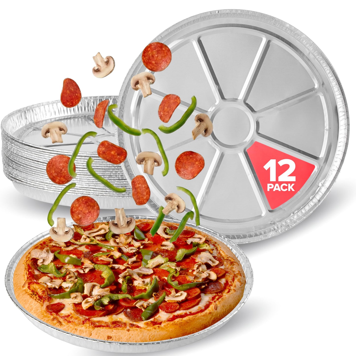 Stock Your Home 12 Inch Aluminum Pizza Pans Disposable (12 Pack) Round Foil Focaccia Pan for Individual Personal Pizzas, Giant Size Chocolate Chip Cookie Cake Tin, Large Serving Trays, Platter Tray