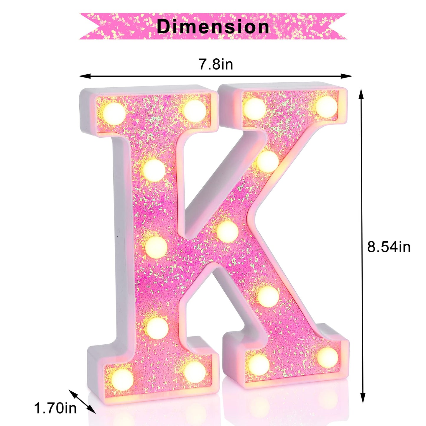 Foaky LED Letter Light Sign, Pink Glitter Alphabet, Battery Powered, Home Bar Decoration, Model K