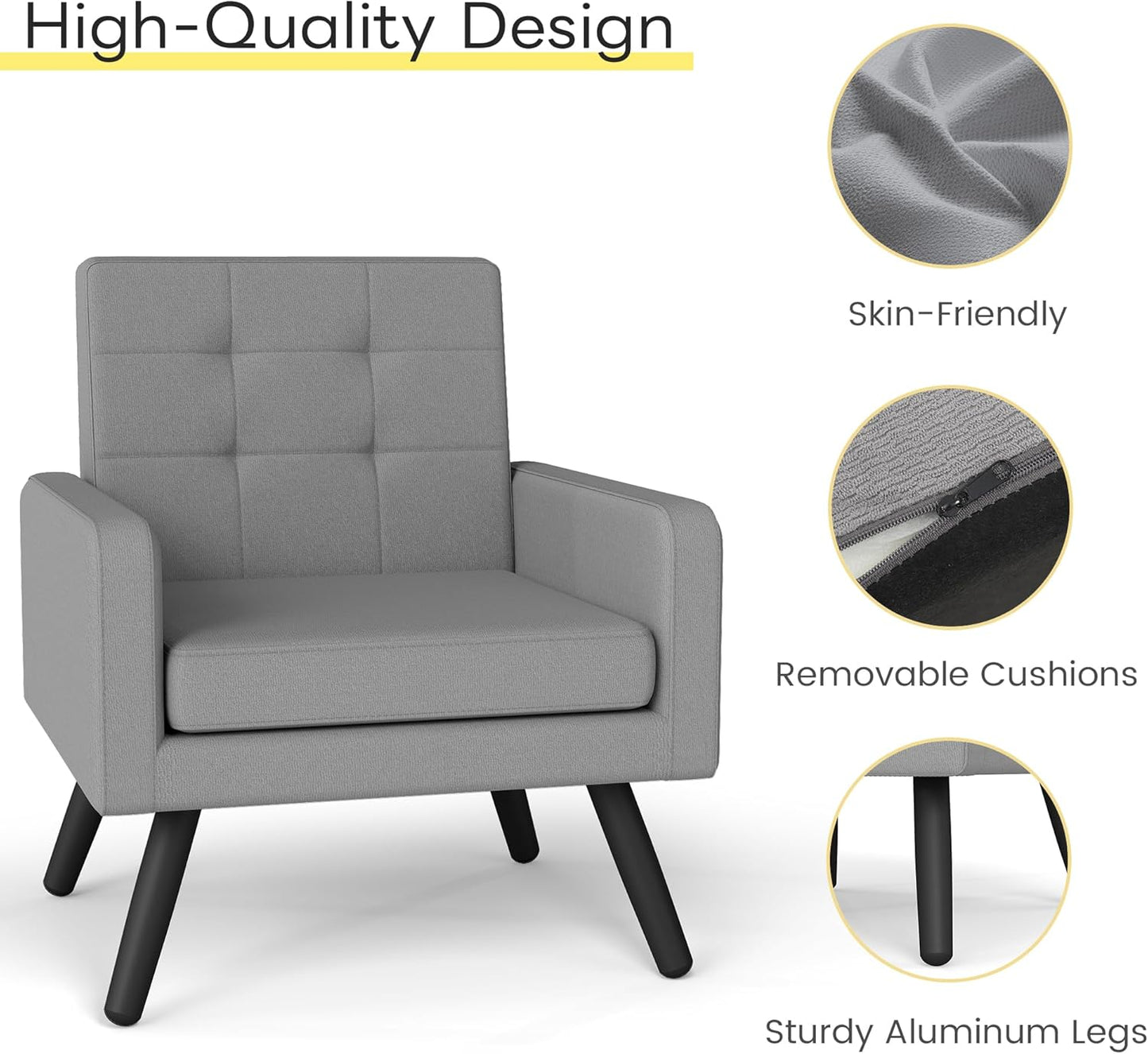 Kromax Mid-Century Modern Accent Chair Set of 2 for Living Room, 496 Lb. Weight Capacity, Dual Armrests, Comfy Extra Large Seat, Timeless Style Perfect for Reading & Relaxing, Light Grey