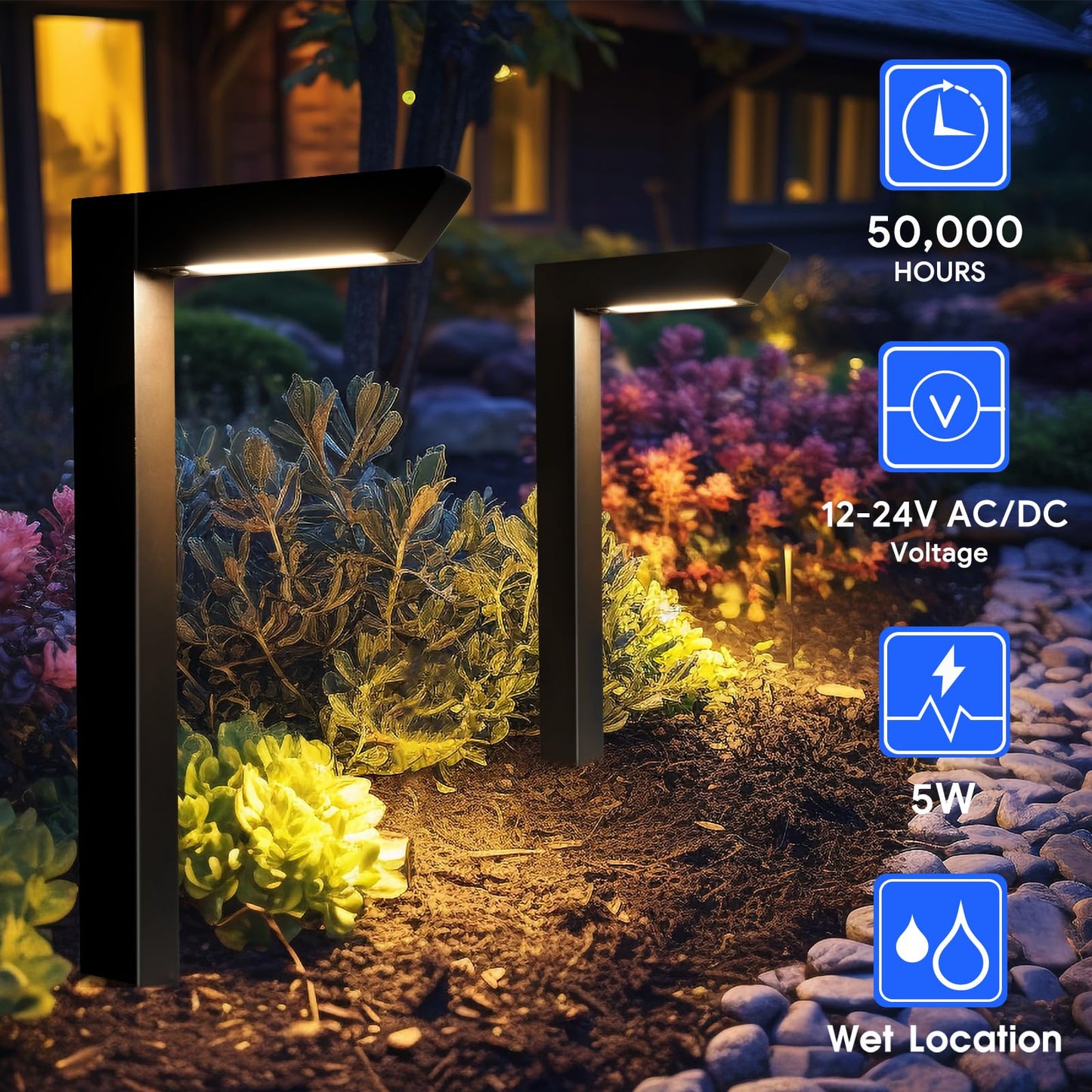 Energetic 5Cct Low Voltage Landscape Lights  5W 200Lm Ip65 Waterproof Led Pathway Lights  50000 Hrs  Outdoor Landscape Lighting  Square Modern Side Lit  Die-Cast Aluminum Housing  Etl  Black  4 Pack