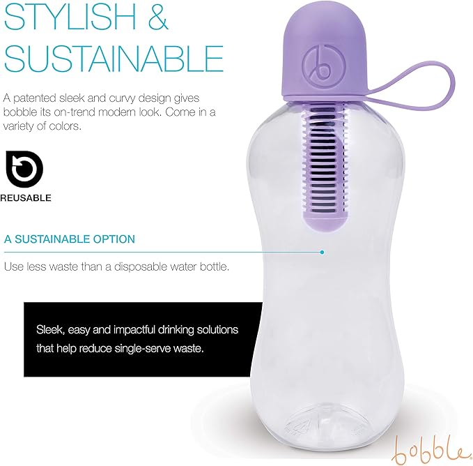 Bobble Classic Water Bottle, Filtered Water, BPA-Free Reusable Bottle, Soft Touch Carry Cap with Replaceable Carbon Filter for Sustainable Water and Hydration 18.5 oz - 2 Pack (Lavender)
