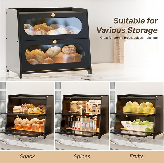 Black Bread Box for Kitchen Countertop, Double Layer Breadbox, Large Capacity with Window, Farmhouse Bread Storage Container, Fits Corner, Cabinet, Pantry