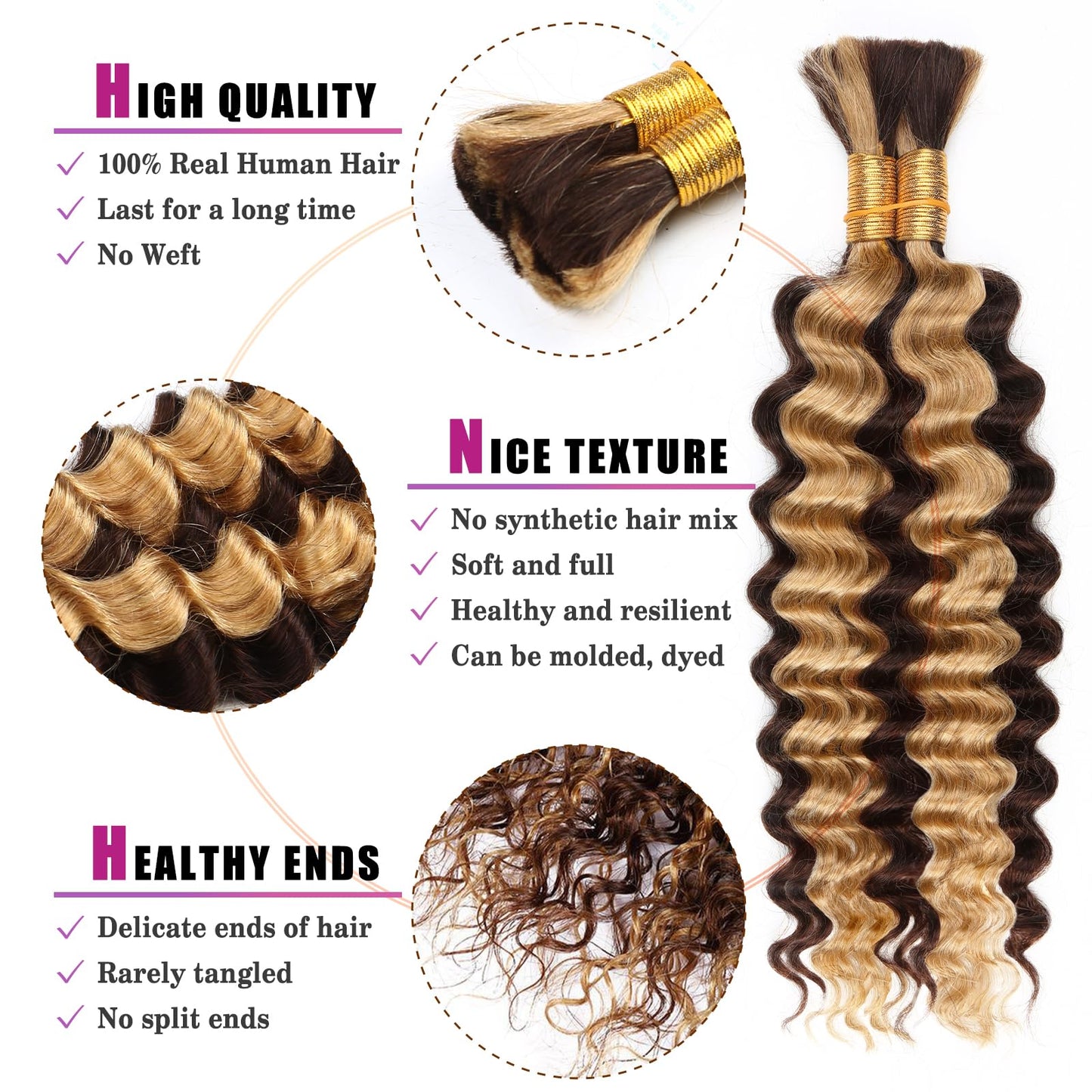 4/27 Honey Blonde Human Braiding Hair Deep Wave Bulk,Highlight No Weft Curly Braiding Hair Extensions for Boho Braids Wet and Wa
