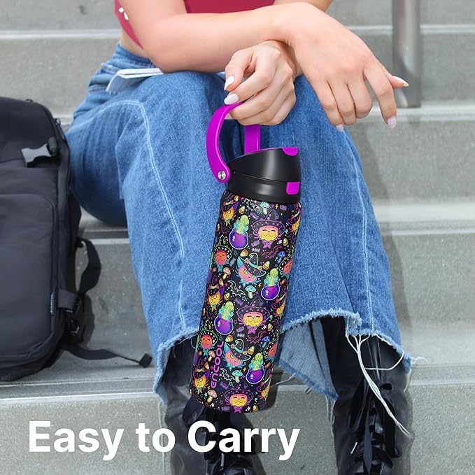 Encool SwiftSip Insulated Stainless Steel Water Bottle with Straw - Leak Proof Sports Water Bottle for School, Travel, Keeps Cold All Day, One-Touch Flip Lid, BPA-Free, 24 oz, Meowgic Night