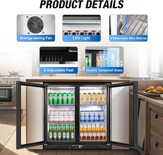 Beverage Refrigerator Drink Fridge, Back Bar Beer Fridge With 2 Glass Door, 35.5 In Height Beverage Cooler, Under Counter Refrigerator, Drink Cooler Undercounter Refrigerators, Outdoor Fridge