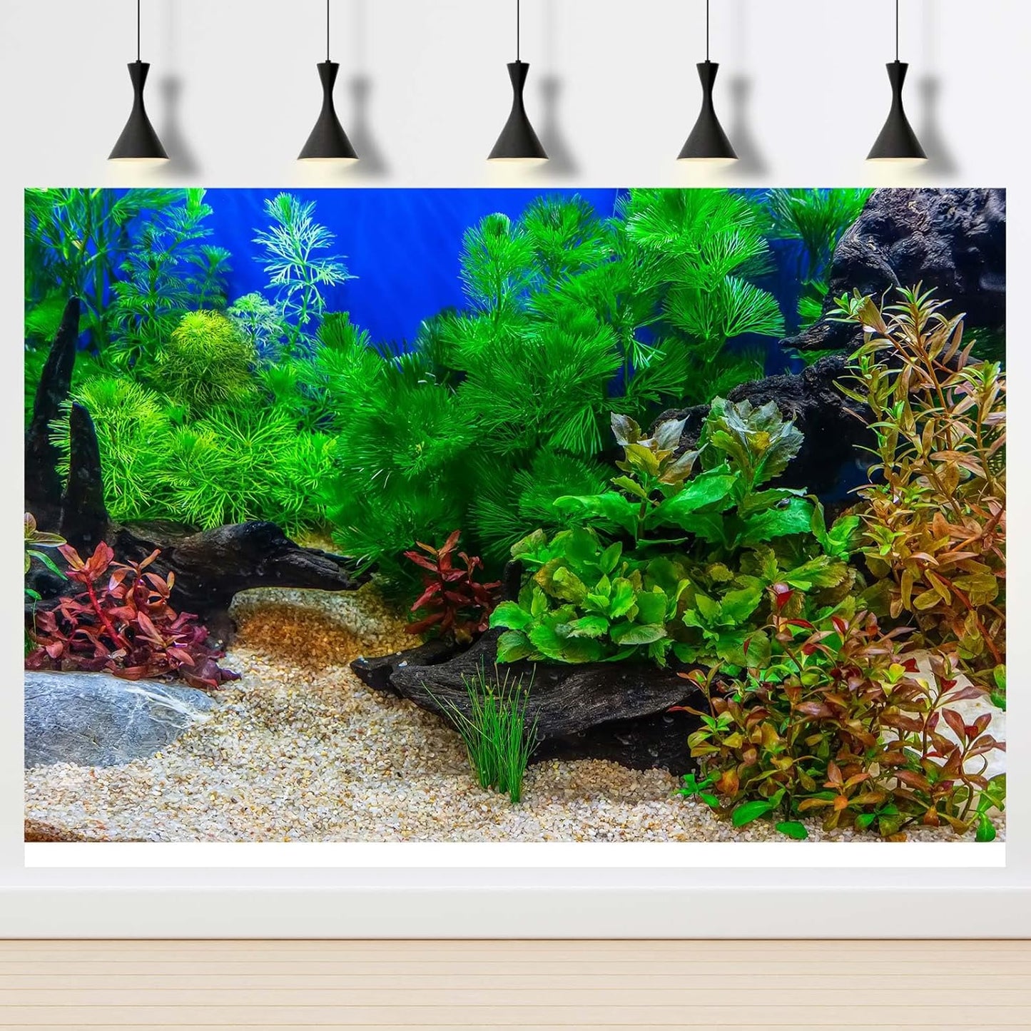 Aquarium Background Underwater Grass Leaves with Pebble Fish Tank Background Vivid Green Aquatic Plant Terrarium Background Stone River Bed Dead Wood Tank Background 36x18in