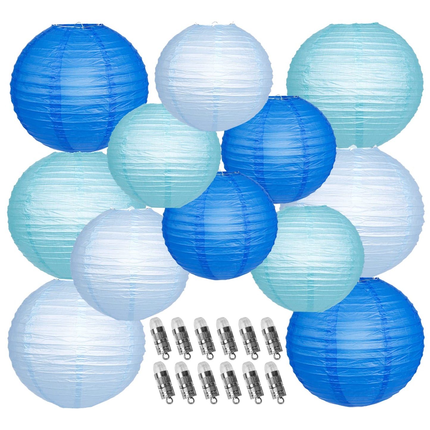 YUNXUAN Blue Paper Lanterns with LED Lights, 12 Pack, Round Chinese Design for Weddings and Parties, Model YX1034
