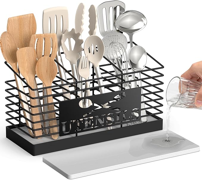 Large Utensil Holder for Kitchen Counter with Fast-Drying Diatomaceous Earth Base, Wall Mountable Metal Utensil Organizer, 3-Compartment Cooking Tools and Silverware Storage Rack, Black
