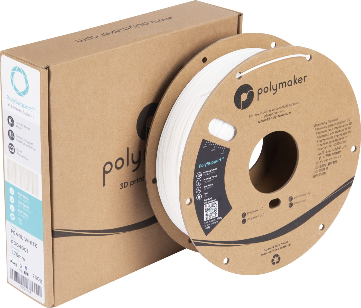 Polymaker Break Away Support Material for 1.75mm PLA Filament, 0.75kg Spool - PolySupport 3D Printer Support Filament Easy Support Removal