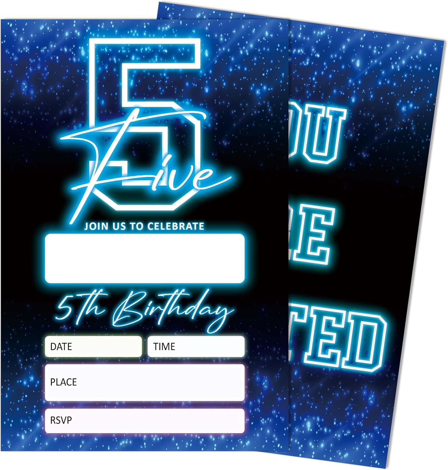 SIXEIGHT Blue 5th Birthday Invitations for Boys, Neon Glow Party Invitations for Girls Kids, 20 Pack Double Sided Invite Cards with Envelopes, 5th Glow Neon Birthday Party Decorations, 4x6 Inch-C05