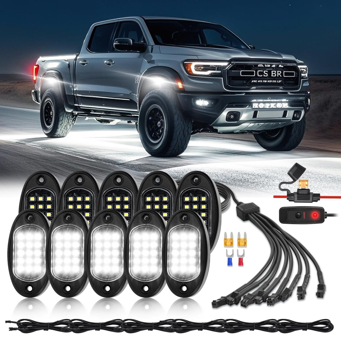 10 Pods Pure White Led Rock Lights With Power Swith Wiring Harness  6000K Super Bright Waterproof Under Trailer Lighting White Underglow Kit For Trucks Trailer Offroad Pickup Sxs Atv Utv